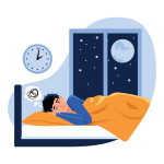 Cartoon of a man who can't sleep at night lying awake in bed