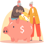 Couple putting a large coin into an oversized piggybank