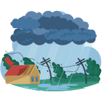 Storm tearing off roof while heavy rain falls on a house