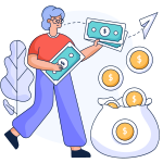 Woman with large money bag, cash and coins