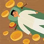 person lying on a yoga mat surrounded by gold bowls