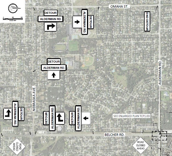 This map shows the detour routes for the Alderman Rd. reclaimed water booster pump station construction.