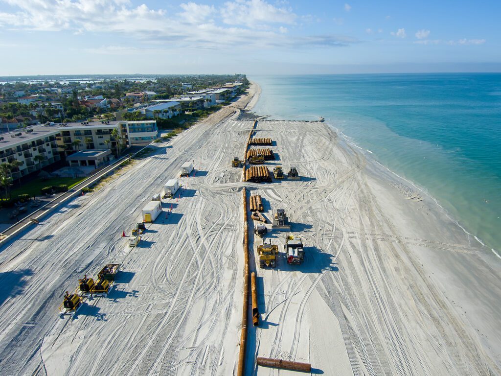 Sand Key beach showing the increased expanse of sand between beach that has been renourished and beach that has not.
