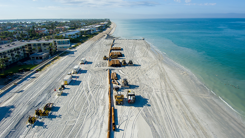 Sand Key beach showing the increased expanse of sand between beach that has been renourished and beach that has not.