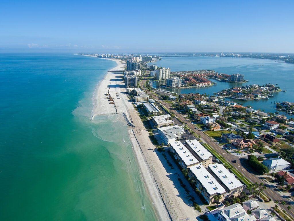 Sand Key beach showing the increased expanse of sand between beach that has been renourished and beach that has not.