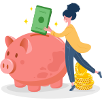 woman putting money into an oversized piggy bank
