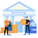 People holding money bags in front of building labeled Pension Fund