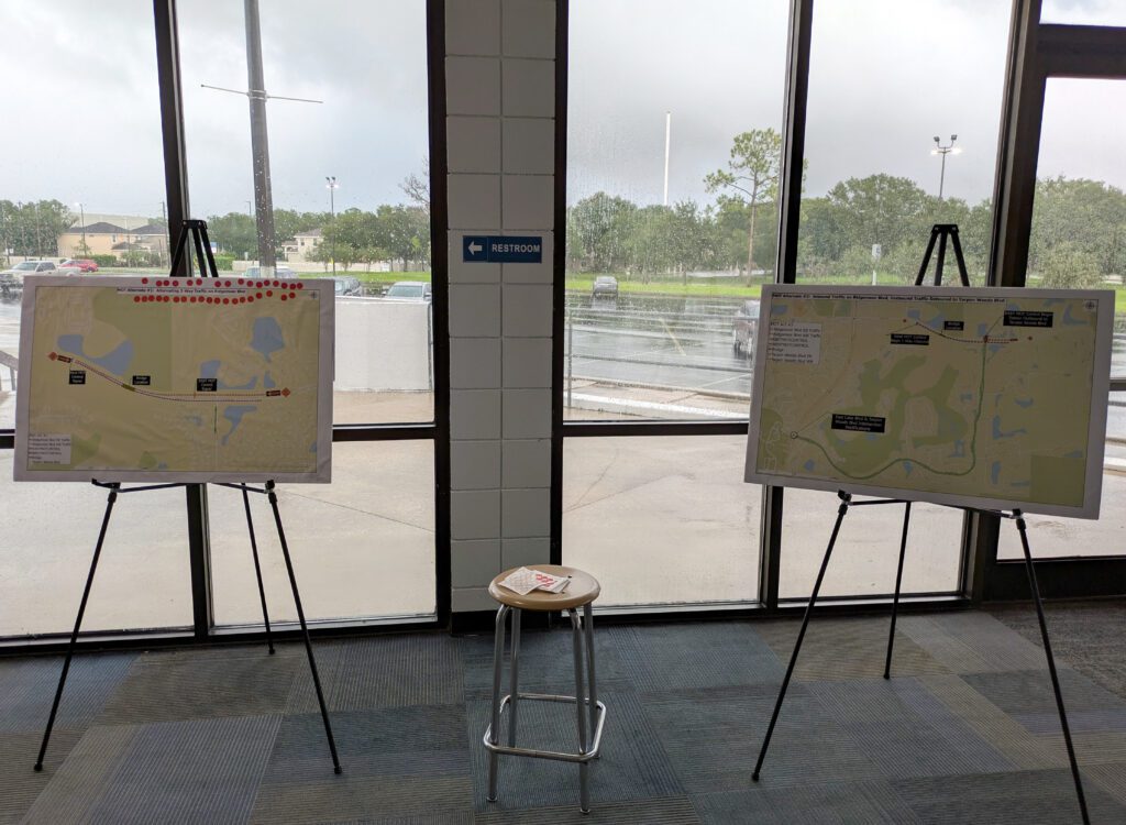 Photo of the MOT Boards from the project info meeting noting a resident preference for MOT Alternative 1 with two-way traffic on Ridgemoor Blvd