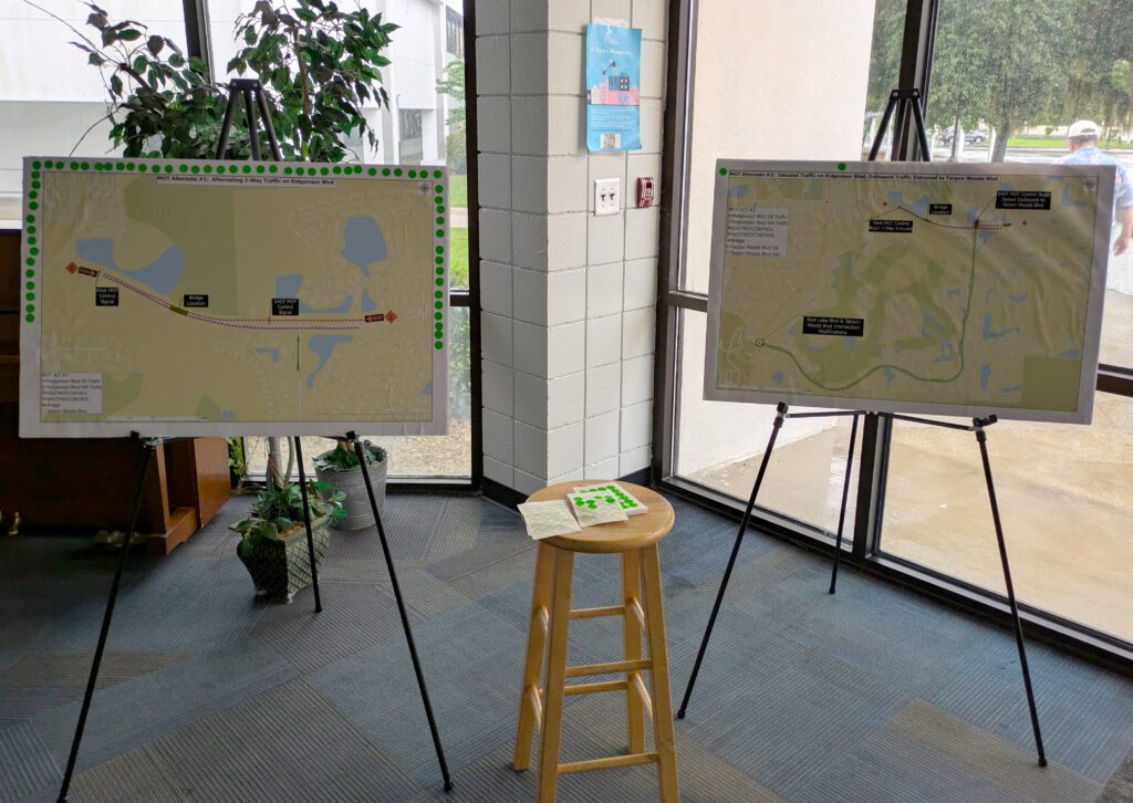 Photo of the MOT Boards from the project info meeting noting a resident preference for MOT Alternative 1 with two-way traffic on Ridgemoor Blvd