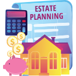 Estate planning house, calculator, pig, coins