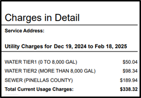 Charges in Detail Service Address: Utility Charges for Dec 19, 2024 to Feb 18, 2025 Water Tier1 (0 to 8,000 Gal) $50.04 Water Tier2 (more than 8,000 Gal) $98.34 Sewer (PINELLAS COUNTY) $189.94 Total Current Usage Charges: $338.32