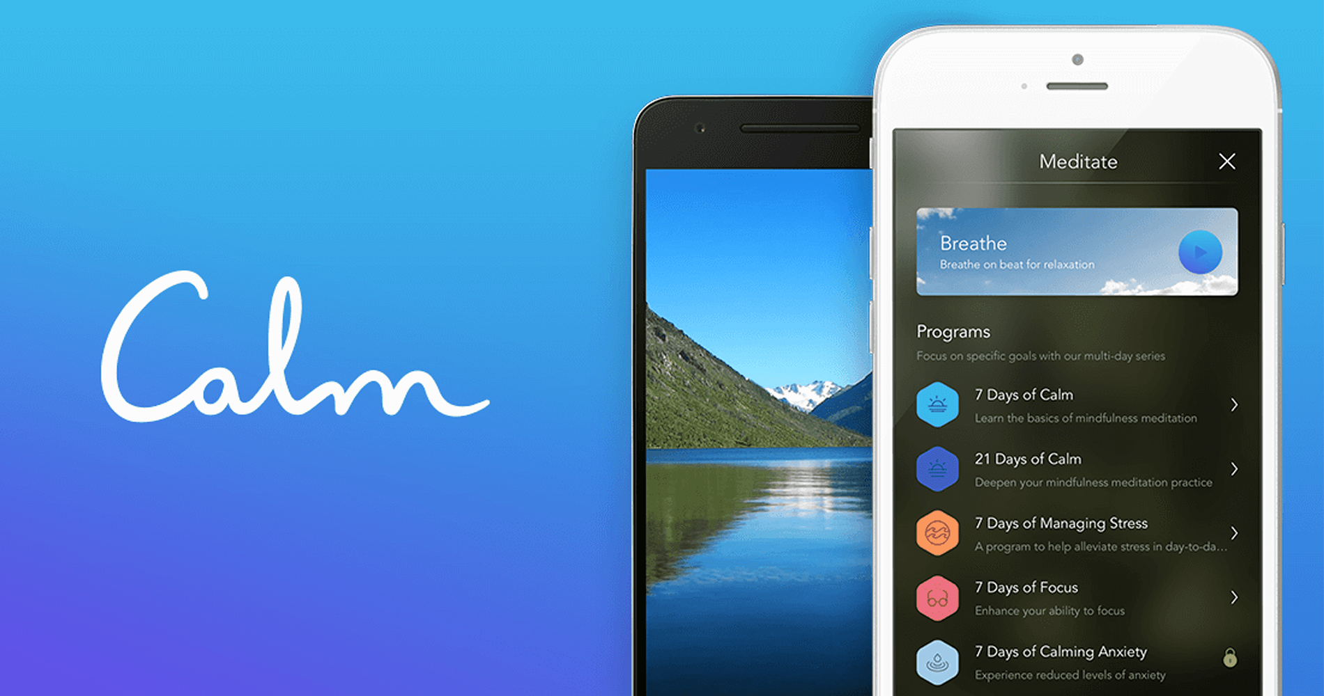 Calm logo with phones displaying the app