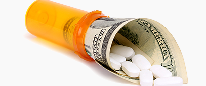 Prescription bottle opened, lying on its side, filled with cash and pills