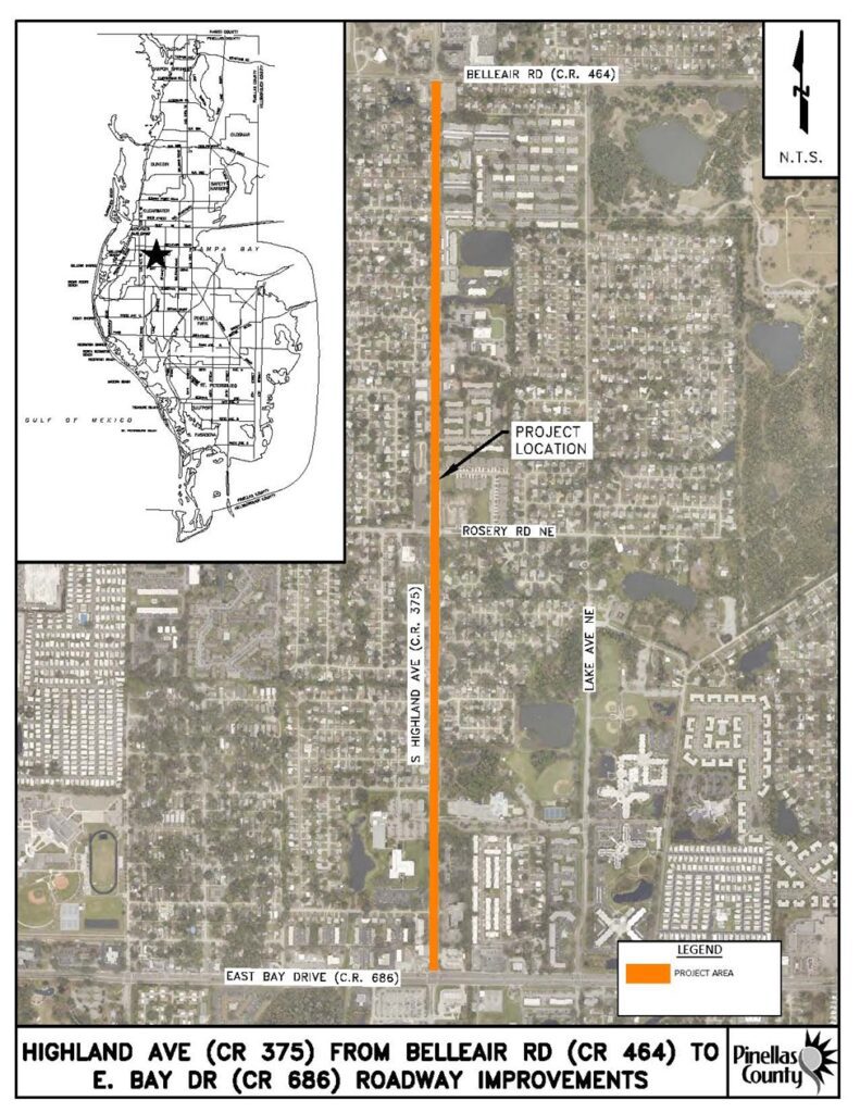 Map of project area on Highland Avenue, between East Bay Drive and Belleair Road