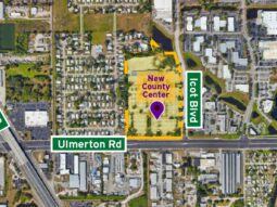 An aerial view of the lot where the new County Complex will be built with labels for US 19, Ulmerton Rd and Icot Blvd.