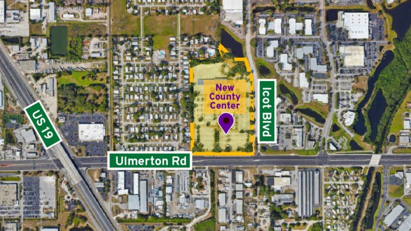 An aerial view of the lot where the new County Complex will be built with labels for US 19, Ulmerton Rd and Icot Blvd.