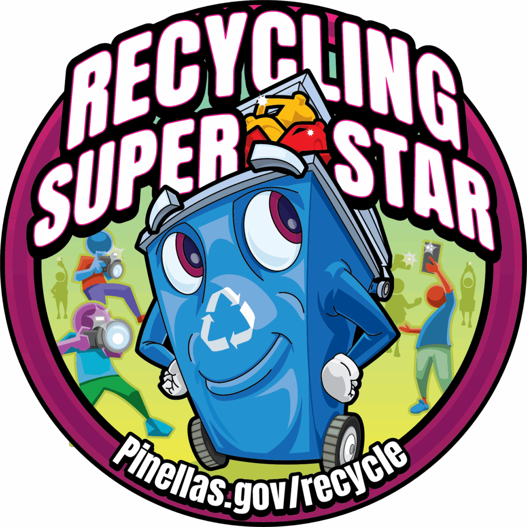 Cartoon recycling bin with paparazzi and text stating "Recycling Superstar".