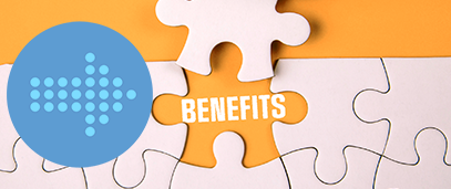 White puzzle pieces with the word Benefits and a blue arrow