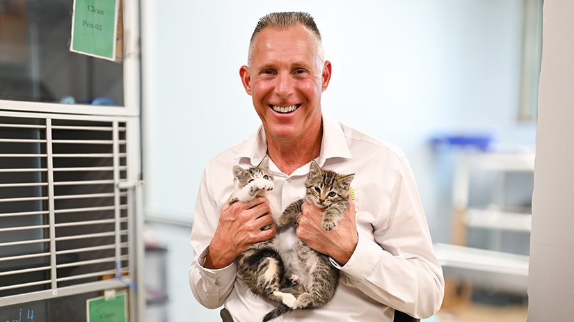 BCC Chair Scott visits kittens at Animal Services in honor of National Feline Day.