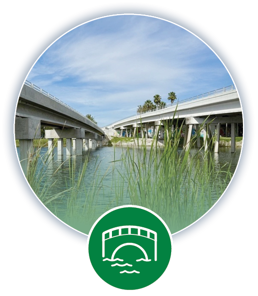 Two bridges over water and sea grass and green infrastructure icon