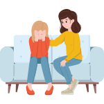 Cartoon woman comforting a crying coworker sitting on a couch