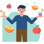 Man holding drinks with apple and orange in the background