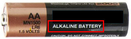 Example of a double A battery with an "alkaline battery" label.
