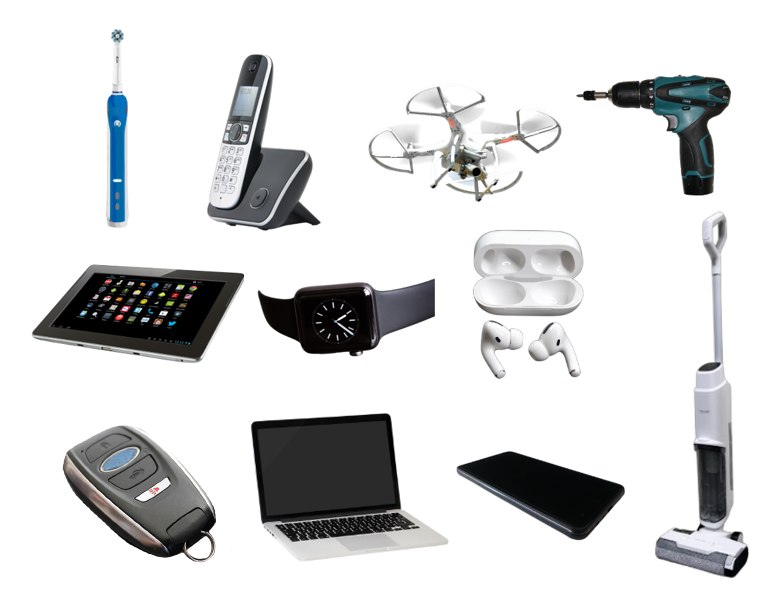 Image of a rechargeable toothbrush, cordless phone, drone, drill, tablet, smart watch, cordless headphones, cordless vacuum, key fob, laptop and a cellphone.