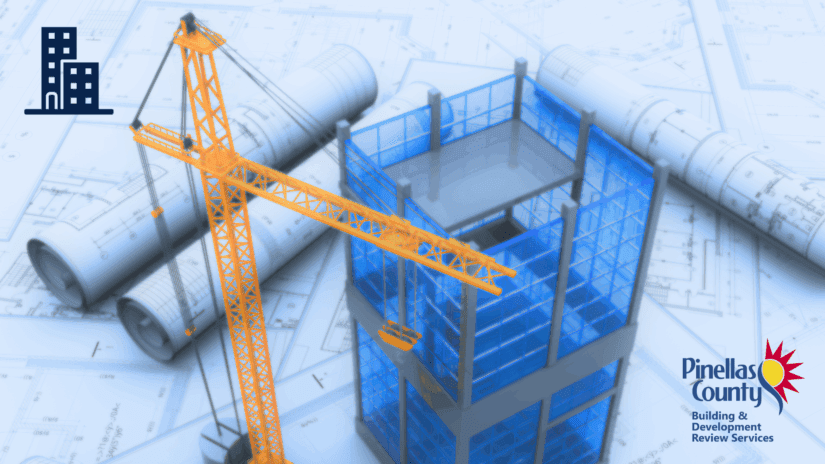 Pinellas County "Express Permits" graphic with a stopwatch icon, blueprints, and the county logo.