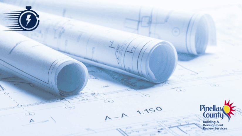 Rolled architectural blueprints with an express stopwatch icon and the Pinellas County Building & Development Review Services logo.