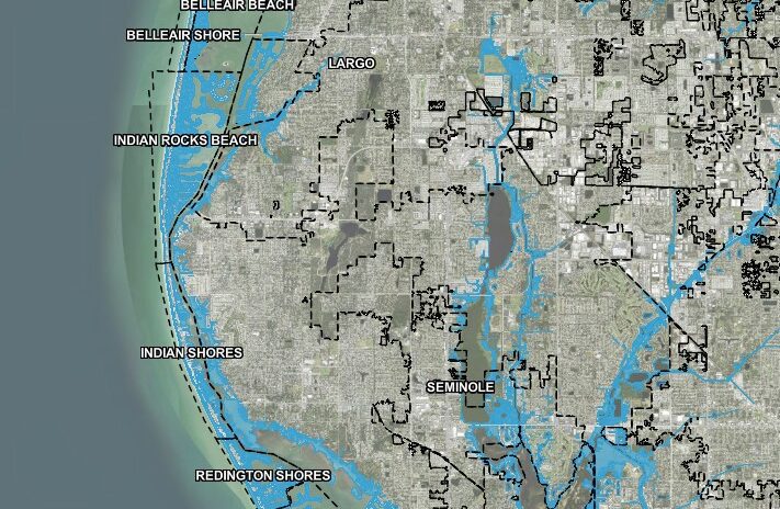 Partial map of Pinellas County showing color flooding risks by area.