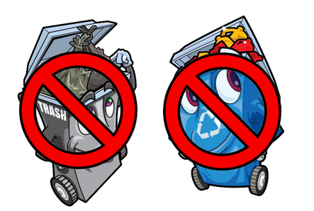 Cartoon trash and recycling bins with red "no" symbols across them.