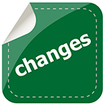 Green sticker with the word changes in white and a dotted line border