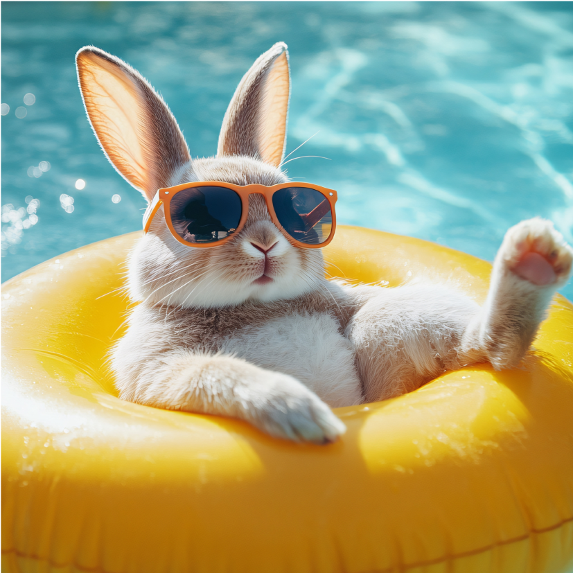 Rabbit relaxing on a pool float, representing other pets found in your community.