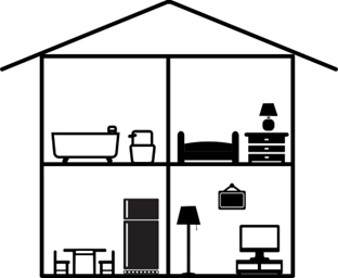 Image of house showing a bathroom, bedroom, kitchen and living room with furniture and other household items inside.