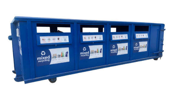Image of blue recycling dumpster.