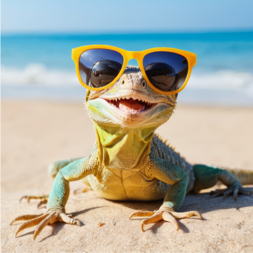 Lizard wearing sunglasses, representing other found pets in a shelter.