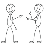 Black and white hand-drawn stick figures pointing at each other