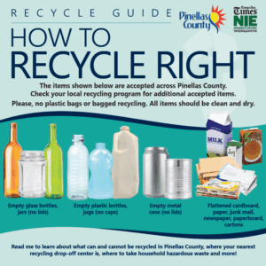 Image of the cover of the Recycle Guide depicting images of glass bottles and jars, plastic bottles and jugs, empty metal cans, and cardboard, cartons and paper.