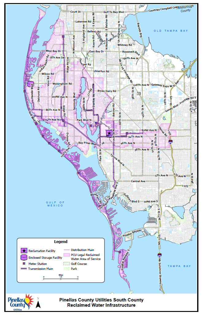 A map depicting the South County reclaimed water infrastructure area for Pinellas County Utilities. 