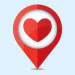 Red heart graphic inside a red map pointer icon