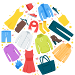 Clothing illustrations arranged in a circle including a dress, blouse, purse, slacks, boot, etc.