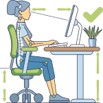 Woman sitting at desk with dotted lines to indicate chair height, monitor height and distance of her eyes to the monitor