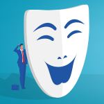 Small male figure next to an oversized white mask with a laughing face