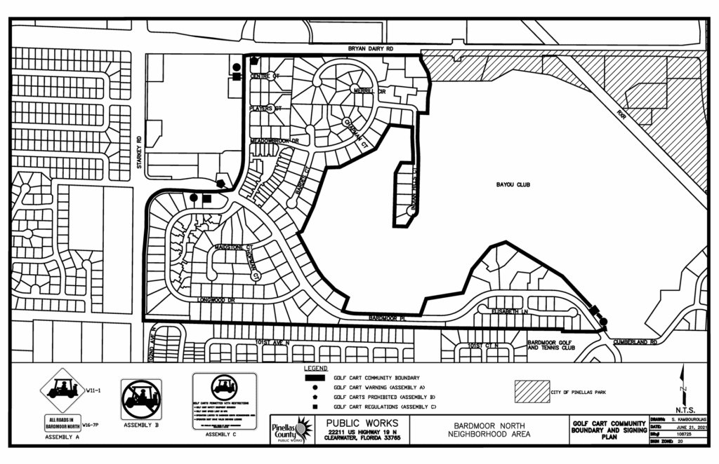 The Bardmoor North Golf Cart Zone is bordered on the east by the Bayou Club, the north by Bryan Dairy Road, the west by a shopping center and Starkey Road, and the south by the neighborhood boundary. Signs indicating that golf carts are allowed on all roads in Barmoor North are located near the main entrance on Bardmoor Place, near the Centre Court entrance, and near the Bardmoor Golf and Tennis Club entrance. Signs prohibiting golf carts are located after exiting Bardmoor North on Bardmoor Place, and Centre Court. Golf cart regulations signs are located near the main entrance on Bardmoor Place, before the entrance at Centre Court and near the Bardmoor Golf and Tennis Club.