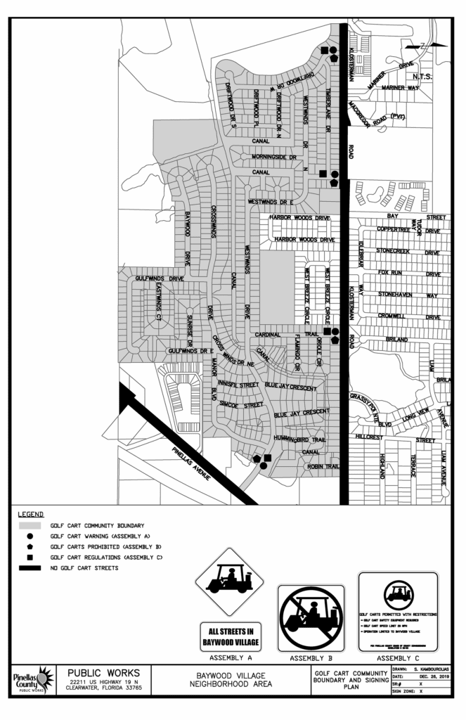 The Baywood Village Golf Cart Zone is bounded on the east by Alt. U.S. 19, the south by Wall Springs Park, the north by Klosterman Road, and the west by Klosterman Bayou/Gulf of America. Signs indicating that golf carts are allowed on all roads in Baywood Village, signs indicating that golf carts are not allowed outside of the area and signs with golf cart regulations are located near the neighborhood entrances and exits on Alt. US 19, Cardinal Trail, Westwinds Drive and Driftwood Drive. 