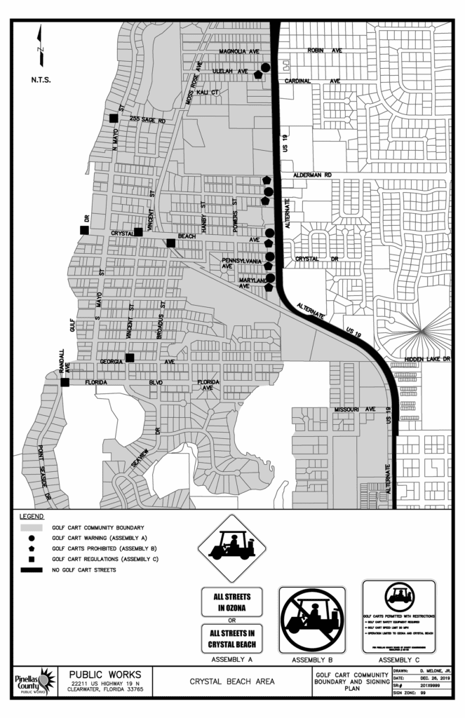 The Crystal Beach Golf Cart Zone is bordered on the east by Alternate U.S. 19, the west by St. Joseph Sound, and the north and south by neighborhood boundaries. Signs indicating that golf carts are allowed on all roads in Crystal Beach as well as signs indicating that golf carts are not allowed outside of the area are located at the intersections of Alt US 19 and Maryland Avenue., Pennsylvania Avenue., Crystal Beach Avenue., Avery Avenue., and Ulelah Avenue. An additional sign indicating the golf carts are allowed is at the intersection of Bruce Lane and Alt. US 19. Signs with golf cart regulations are located at the intersections of Florida Blvd. and Point Seaside Drive, Georgia Avenue. and Vincent Street., Crystal Beach Avenue and Vincent Street., Crystal Beach Avenue and Gulf Drive, Crystal Beach Avenue and the Pinellas Trail, and Mayo Street and Sage Road.