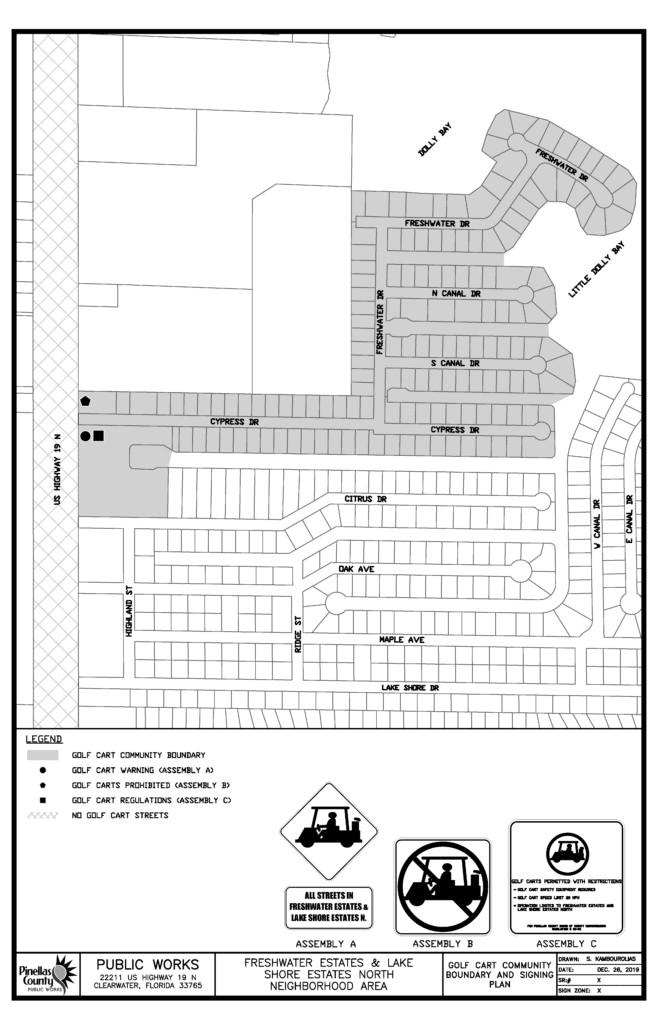 The Freshwater Estates-Lake Shore Estates Golf Cart Zone is bordered on the west by U.S. 19, the north by Dolly Bay, the east by Little Dolly Bay, and the south by Cypress Drive. A sign indicating that golf carts are allowed on all roads in Freshwater Estates and Lake Shore Estates North, as well as a sign indicating that golf carts are not allowed outside of the area and a sign with golf cart regulations are located at the intersection of U.S 19 and Cypress Drive.