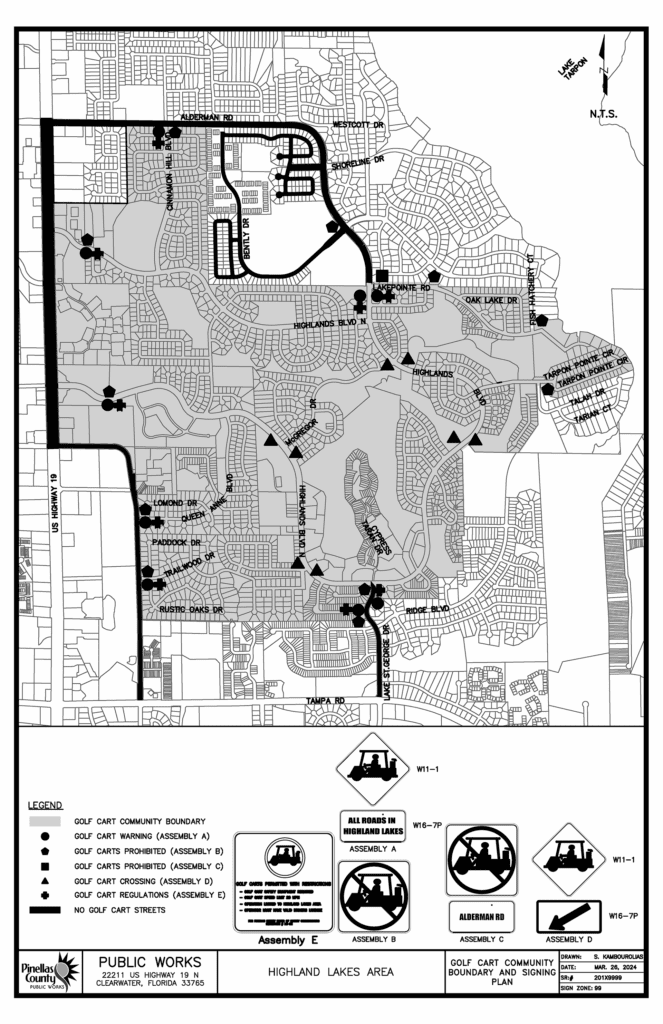 The Highland Lakes Golf Cart Zone is bordered on the east by Tarpon Pointe Circle, the north by Lakepointe Road and Alderman Road, the west by U.S. 19 and Nebraska Avenue, and the south by the community limits. Golf carts are specifically forbidden on Lake Saint George Drive., Alderman Road., and the section of the community between Lakepointe Road, Bently Drive, and Alderman Road. Signage indicating where golf carts may be driven on the streets are located in 12 positions throughout the community.  Golf cart crossing signs are located at 4 locations along Highlands Boulevard.