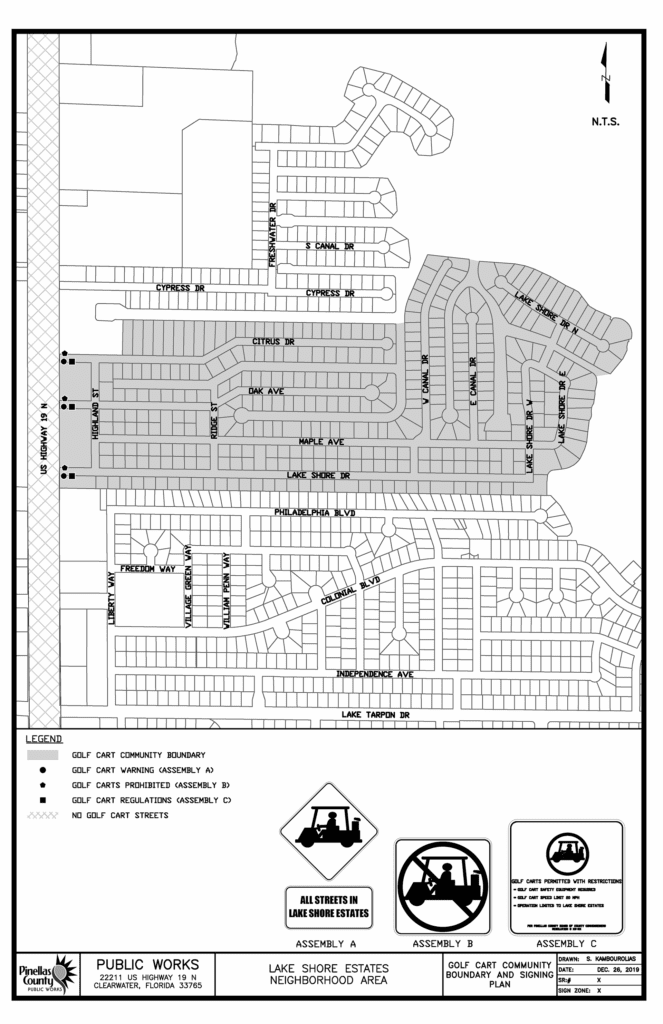 The Lakeshore Estates Golf Cart Zone is ordered on the east by Lake Tarpon, the north by Citrus Drive, the west by U.S. 19, and the south by Lake Shore Drive. Signs indicating that golf carts are allowed on all roads in Lake Shore Estates, as well as a sign indicating that golf carts are not allowed outside of the area and a sign with golf cart regulations are located at the intersections of U.S 19 and Lake Shore Drive, Oak Avenue, and Citrus Drive.